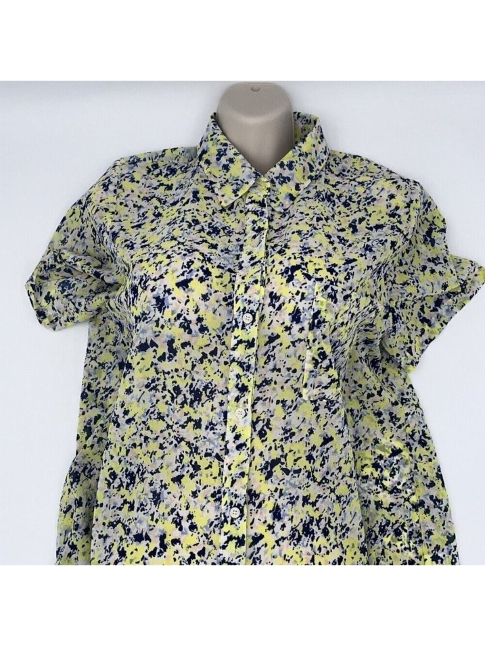 Elodie Women’s Blouse Button Up Medium Blue Green Yellow elegant